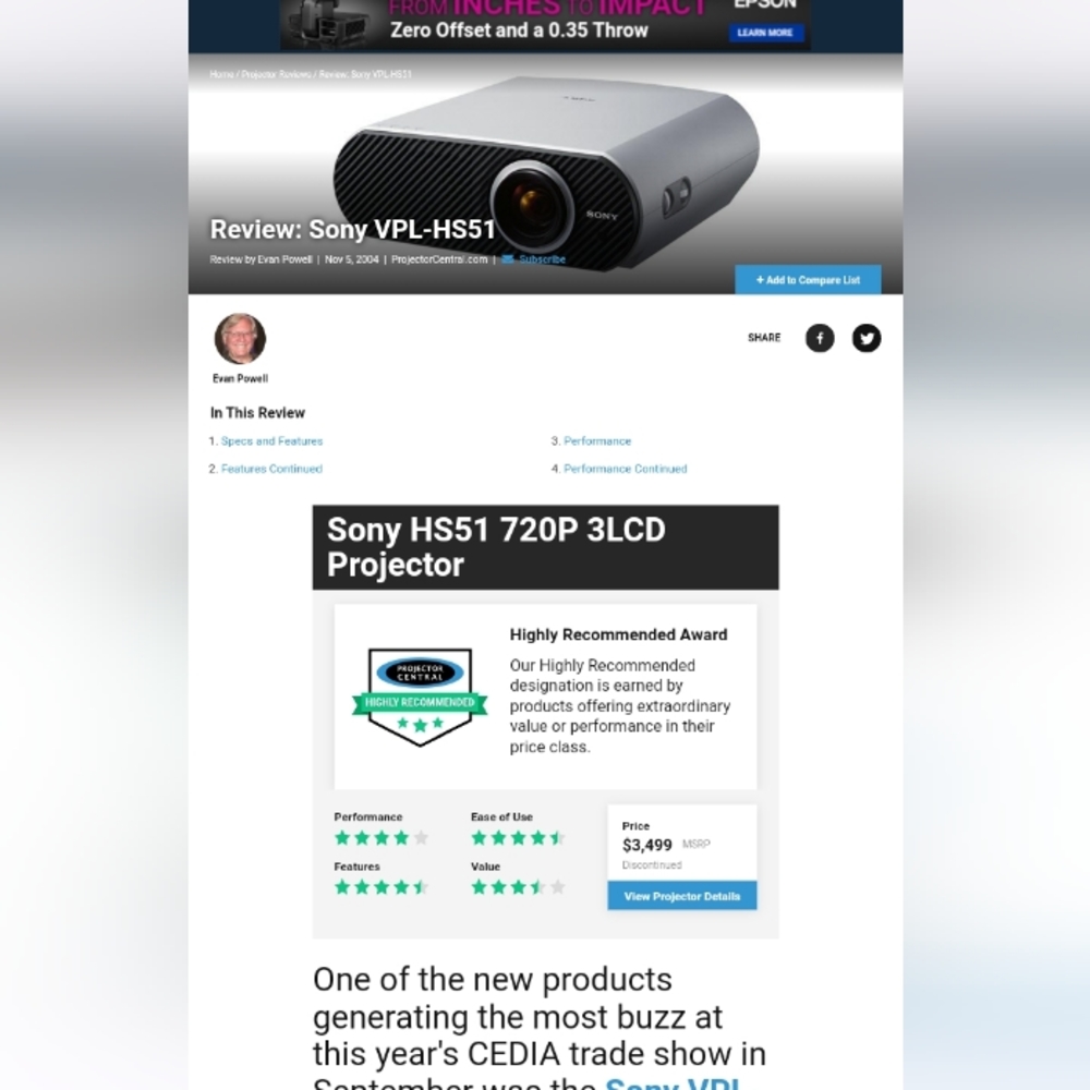Sony VPL-HS51 LCD PROJECTOR 1280×720 high definition ultimate home theatersystem